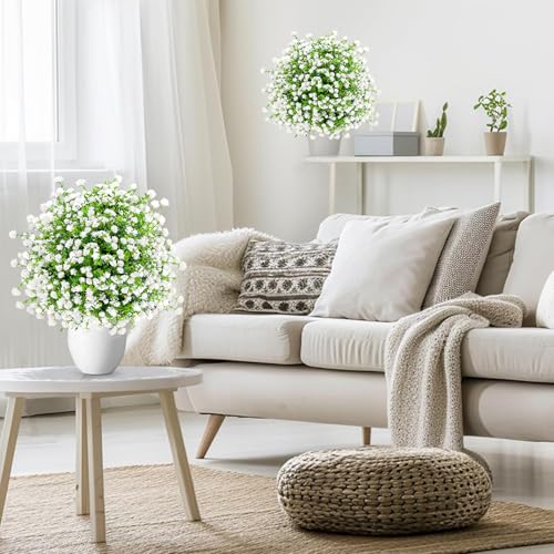 ENVEN Artificial Boxwood Topiary Ball Trees with Ground Spikes UV Resistant Faux Greenery Shrubs Fake Shrubs for Outdoors, Realistic Faux Plants Bushes for Garden Porch Yard Patio Decor (White Green) - color: White Green