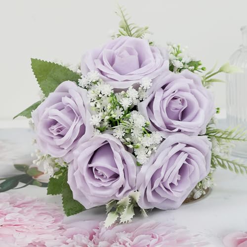 Artificial Bridesmaid Bouquets Set of 6 -7 Inch Pre-made Bridesmaid Bouquets Lilac Silk Rose Bouquet Handmade for Wedding Holding Flowers, Bridal Shower Wedding Centerpiece Ceremony and Anniversary - color: Lilac and White, size: Set of 6 Bridesmaid Bouqu