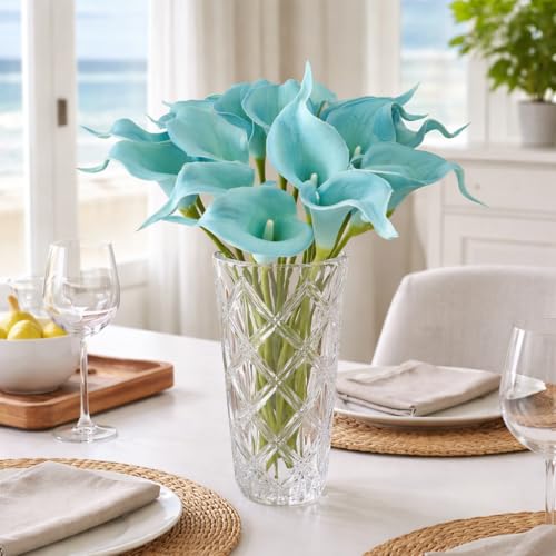 Floral Kingdom Artificial Calla Lily Flowers 20 Pack 14 Inch Turquoise Blue – Real Touch Faux Flowers for Home Decor, Table Centerpieces, Coastal Décor & Weddings - color: Blue