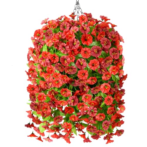 Homsunny Artificial Fake Hanging Flowers Plants Baskets for Outdoor Spring Summer Decorations,Resistant Faux Morning Glory Silk Plants for Outside UV Resistant Patio Yard Home Porch Decor(Red Brown) - color: Red Brown