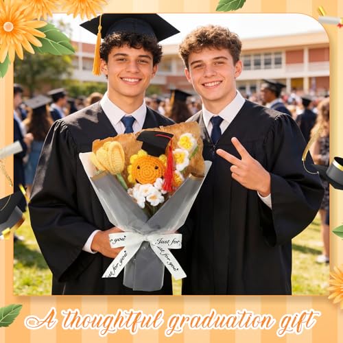 2026 Graduation Crochet Flowers Bouquet Gifts Class of 2026 Graduation Gift for Her Sunflower Mortarboard with Greeting Cards Bag Handmade Knitted Artificial Flowers for Grad(Grey) - color: Grey