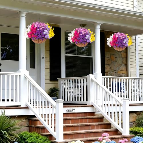 INSPRING Artificial Fake Hanging Plants Flowers Basket for Outdoors, UV Resistant Faux Hanging Silk Morning Glory in Planter Look Real Petunias for Outside Patio Porch Balcony Garden Decor, 6Mix - color: 6 Mixcolors