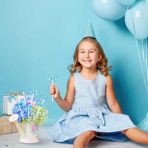 TICIAGA Blue Bow Wooden Pick - 14PCS Blue Bow Tie Double-sided Wooden Decorative Pick for Home Vase Filler Butterfly Knot Floral Wood Decorative Stick for Farmhouse Coquette Theme Decorations for Home - color: Blue Bow