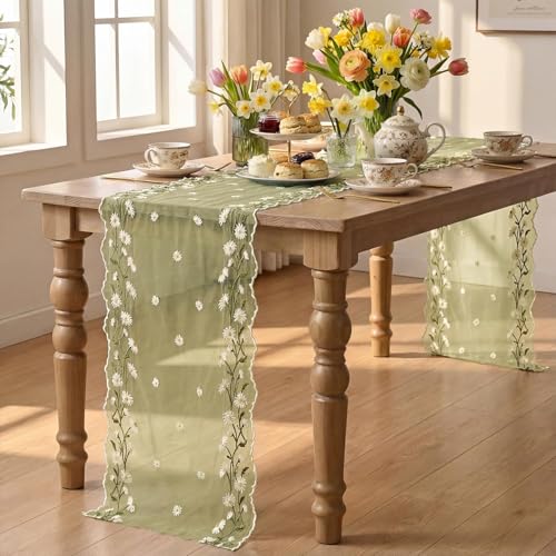Artoid Mode Daisy Floral Fern Green Shaped Gauze Embroidery Table Runner 120 Inch 10FT, Tulle Spring Summer Kitchen Dining Table Decor for Home Party - color: Fern Green