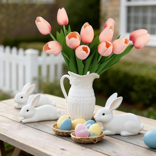 Artificial Tulips Flowers Fake Latex Tulip Stems - 30pcs Real Touch Faux Multicolor Tulips Flower for Easter Spring Wedding Bouquet Centerpiece Floral Arrangement Cemetery Table Decor - color: Coral