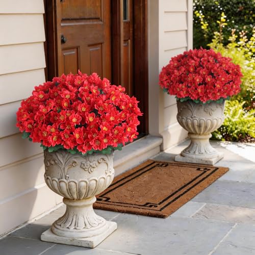 Juxdp 8 Bundles Artificial Camellia, Fake Silk Bouquet Flowers(Red) | Full＆Vibrant, Fade-resistant, UV-resistant＆Waterproof, for Front Door/Garden/Farmhouse/Outdoor/Home/Spring/Summer Decor - color: Red