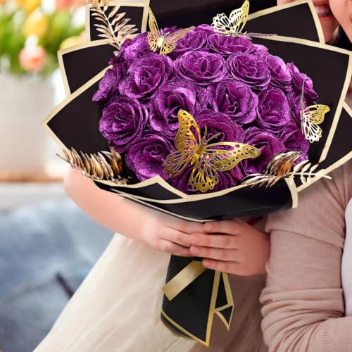 Glitter Roses Bouquet - DIY Artificial Flower Bouquet Kit with Fake Rose Butterfly Stems Cards for Gifts Mother's Day Valentine's Day Anniversary Birthday, 24 Roses, Purple - color: Purple