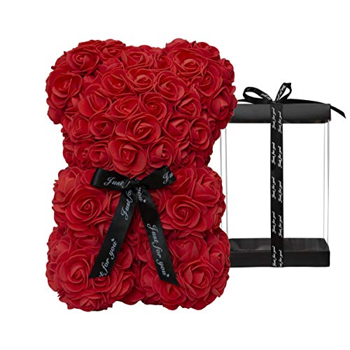 DuHouse Rose Bear Rose Teddy Bear Flower Gift Black Box for Valentines Gifts Anniversary Christmas,Birthdays Bridal Showers -Fully Handmade 10 inch Flower Bear Clear Gift Box(Red) - color: Red