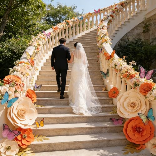 PAPER JAZZ Spring Artifical Paper Flowers Decorations for Wall, Orange Bulletin Board Decorations for Classroom, Flower Window Clings for Wedding Party,Tea,Baby Shower. - color: Dahlias