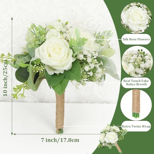 Wedding Bouquets for Bride Bridesmaid, Ivory Rose Artificial Bridesmaids Bouquets 7 Inch Floral Greenery Bouquet for Wedding Bridal Shower Marriage Proposal Decor - color: Ivory White, size: 1pcs