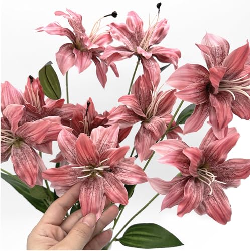 Artificial Lily Flowers Fake Vintage Lilies Silk Flower Realistic Plastic Stems Faux Plants for Indoor Outdoor Decor Pot Vase Floral Arrangement Wedding Party Bouquet DIY Decoration - Coral Red 4 Pack - color: Silk Flowers / Coral Red / 4 Pack