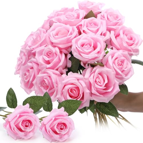 Thiccywoov 30 Pcs Rose Artificial Flowers in Bulk Lifelike Long Stem Silk Roses Bouquets Realistic Faux Flowers for Wedding Bridal Shower Home Decor Floral Arrangements Table Centerpiece(Pink) - color: Pink