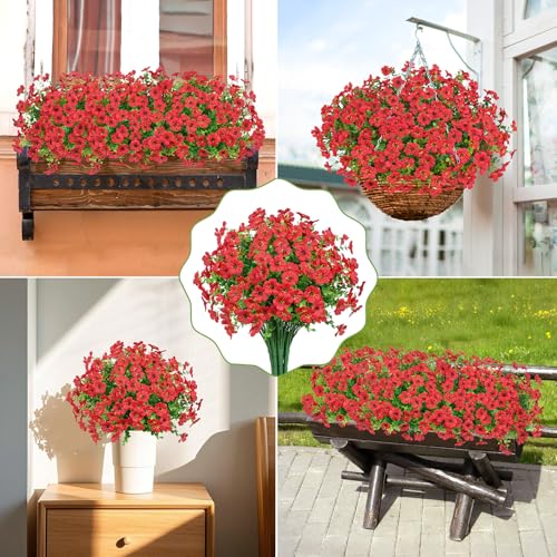 20 Bundles Artificial Flowers for Outdoors Decoration Fake Silk Flowers UV Resistant Faux Plants Artificial Daisy Eucalyptus for Spring Summer Garden Yard Porch Window Home Decor, Red - color: Red