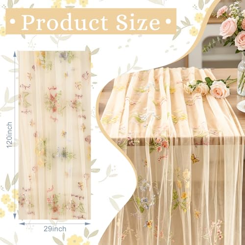 BINBE 3pcs Champagne Florals Table Runner Embroidery Gauze 10FT Daisy Seasonal Tulle Birthday Wedding Holiday Kitchen Dining Table Decor for Home Party - color: Champagne, size: 10ft x 3pack