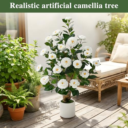 2 Pcs Artificial Camellia Tree, 38" Artificial Tree Plants Outdoor Faux Plants in Pot, Artificial Flower for Outdoors Front Porch Decor, Greenery Faux Fake Tree Plant for Indoor Outdoor Home Decor - color: White