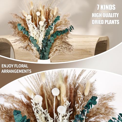 Musunny Dried Pampas Grass Decor ,17" Dried Flowers for Vase, Boho Dried Flower Bouquet with Eucalyptus for Farmhouse Home Room Office Décor - color: White02