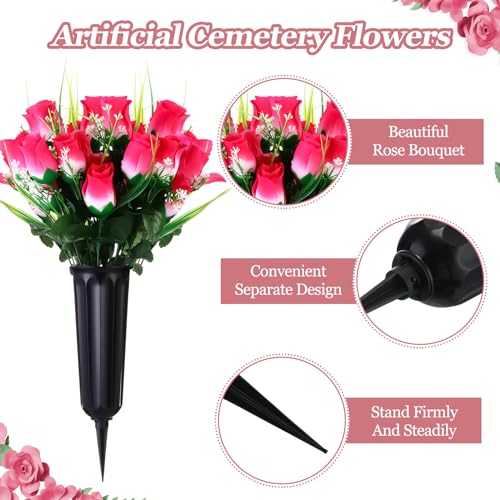 Tigeen 6 Sets Father's Day Cemetery Flowers with Grave Vase 12 Bunches Artificial Rose Memorial Bouquet 84 Heads Fake Silk Flower for Dad Gravesite Graveside Decor(Pink) - color: Pink