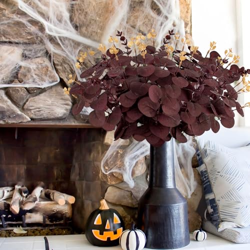 Yen Jean 20PCS Dark Wine Red Halloween Eucalyptus Stems Artificial Fake Flowers Bulk Decorations, Burgundy Branches for Indoor Table Centerpieces Party Supplies - style: Dark Red Wine