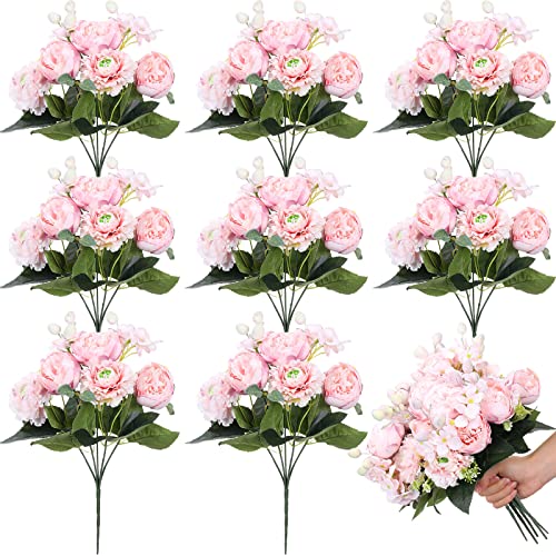 Crowye 8 Bouquets Wedding Silk Peony Hydrangea Flowers with Stems 12.6" H Elegant Faux Vintage Artificial Flowers for Decoration for DIY Table Party Decor Centerpieces Home(Light Pink) - color: Light Pink