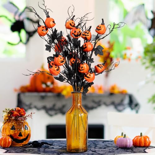 6 Pack Halloween Stems with Pumpkins & Black Maple Leaves – Faux Curly Willow Branches & Decorative Twigs for DIY Crafts, Home & Party Decoration