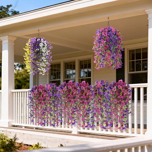 Fake Artificial Flowers for Outdoors, 4 Pcs Faux Hanging Pansy Flowers Spring Summer Decor, UV Resistant No Fade Fake Plants Silk Flower for Planter Front Door Porch Patio Yard Garden(Purple Rose Red) - color: Dark Purple,rose Red