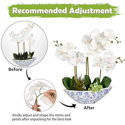 Briful White Orchid Fake Flowers 17in Artificial Orchid Silk Flowers in Blue and White Ceramic Pot Faux Orchid Arrangement for Home Office Bathroom Dining Table Modern Decoration - color: White-blue and White Porcelain Vase