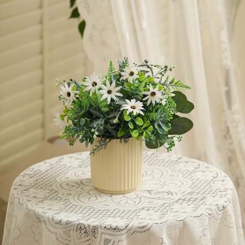 Artificial Flower and Fake Plants in Ceramic Pot,Artificial Plants Indoor, Fake Flowers in Vase for Table Centerpiece Decorations, Faux Plants Flowers Arrangement for Home Office Decoration - color: Green&white