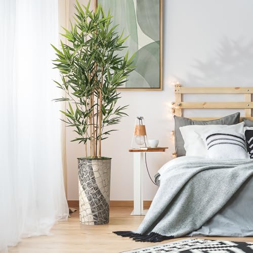 Artificial Tree in Geometric Pattern Planter, Fake Bamboo Silk TRE for Indoor and Outdoor Home Decoration - 70" Overall Tall (Plant Pot Plus Tree) - style: Bamboo