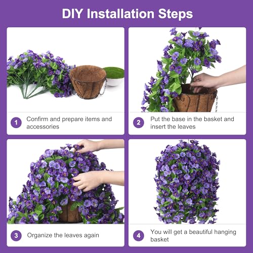 INXUGAO Artificial Flowers with Hanging Basket, Outdoor Faux Plants Silk Morning Glory Vines, Fake Green Arrangement for Garden Patio Spring Summer Decor(4 pcs,Purple) - color: Purple
