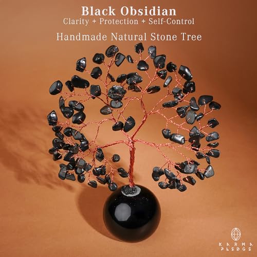 Black Obsidian Crystal Tree of Life Birthday Gifts for Women, Handmade Home Decor, Office, Room Decoration, Reiki Healing Crystal Chakra Tree for Money, Positivity, Good Luck Gifts for Her, Mom & Dad - color: Ball Base Black Obsidian Crystal Tree