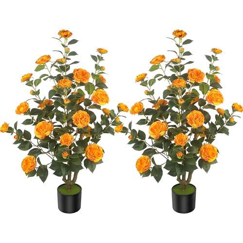 2Pack 39.37"/3.28FT Artificial Camellia Trees with 32 Flowers in Cement Pots – Lifelike Fake Trees for Front Porch, Home, Indoor Outdoor Spring Decor, Office or Housewarming Gifts (Orange) - color: Orange, size: 39.37 inchx2