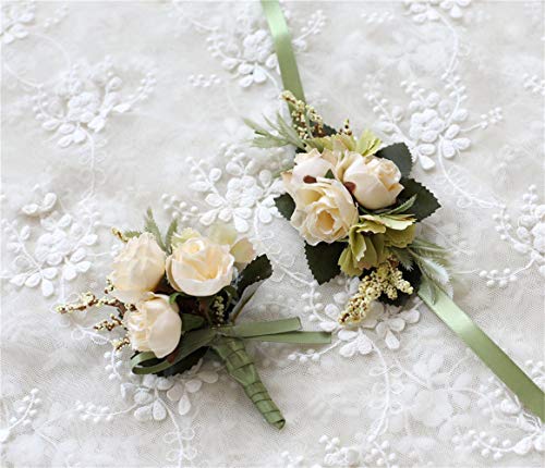 Rose Wedding Wrist Corsage and Boutonniere Set Party Prom Hand Ribbon Flower Suit Decor (Beige) - color: Beige