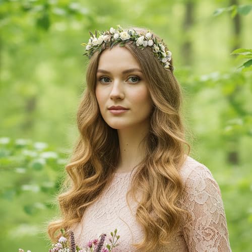 White Flower Crown Headband, Artificial Fairy Rose Floral Headpiece, Bridal Boho Flower Headbands for Women Girls Maternity Birthday Wedding Renaissance Festival Party Hair Accessories - color: White