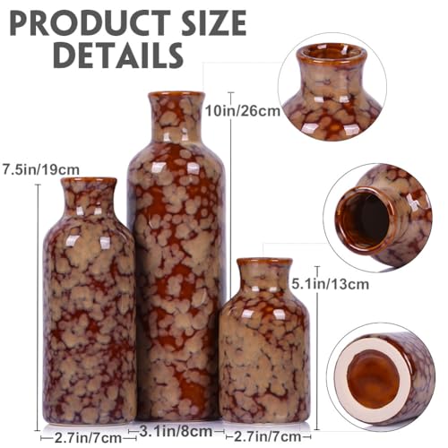 Ceramic Vase Set - 3 Crack Brown Small Vases, Farmhouse Country Flower Vase Home Decor, Living Room Decoration, Table Decoration, Fireplace Decor, and Entrance Decorations Centerpieces - color: Crack Brown