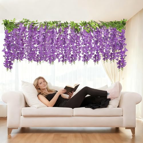 ARTKAIKE Artificial Flowers Garland for Home Decor, Fake Wisteria Vine Silk Hanging Plant Flower for Room Bathroom Wall Kitchen Bedroom Garden Outdoor Wedding Decor (4, Purple) - color: Purple