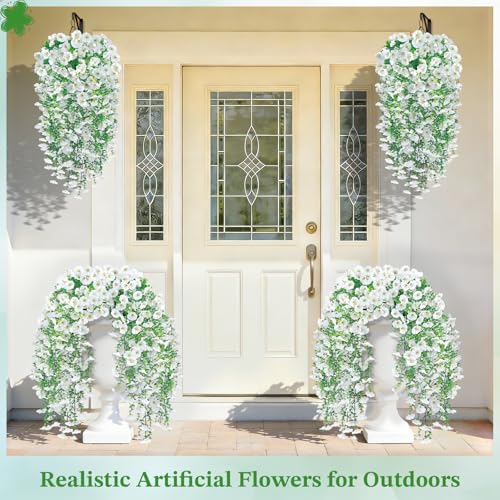 Artificial Hanging Flowers for Outdoors, 6Pcs UV Resistant Morning Glory Vines Fake Flowers with Eucalyptus, Realistic Silk Faux Hanging Plants Decor for Outside Planter Porch Patio (White) - color: White