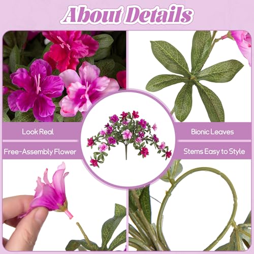 Ammyoo Artificial Fake Azalea Flowers for Outdoor Spring Decoration, Faux Silk Flower for Summer UV Resistant Look Real Plants for Garden Yard Porch Walkway Indoor Decor, 2PCS - color: Purple-red Pink Lotus