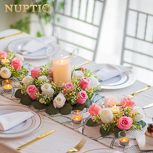 NUPTIO Flower Candle Rings for Centerpieces: 13.4 Inch Artificial Rose Wreath for Wedding Party Christmas - Pink & White Wreaths for Spring Summer Front Door Porch Table Decor 2 Pcs - color: Pink & White, size: Dia 13.4"-2pcs
