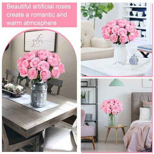 Ouddy Decor 50 Pcs Fake Roses Artificial Flowers Bulk Real Touch Velvet Silk Flowers with Long Stems for Wedding Bridal Bouquet DIY Table Centerpiece Mothers Day Valentines Gifts Home Decor, Pink - color: Pink, size: 50 Packs