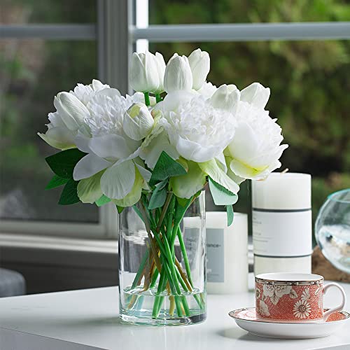 ENOVA FLORAL Artificial Flower Arrangement with Vase, Faux Flower in Vase, Mixed Artificial Real Touch Tulip and Fake Silk Peony Flower in Vase for Decoration Home Office(Cream) - color: T& Peony Cream