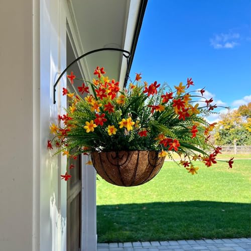 Artificial Spring Fake Flowers with Hanging Basket for Outdoor Summer Decoration, Fake Mums Silk Flowers UV Resistant Faux Flower Plants for Porch Patio Garden Balcony Outside Indoor Decor (Orange) - color: Orange-2