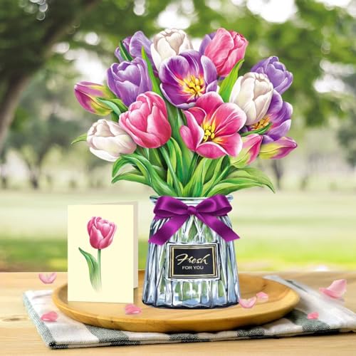 Airpark Pop Up Flower Bouquet Card for Women, 3D Floral Greeting Card with Envelope and Note, Birthday Thank You Thinking of You Get Well Gift for Mom Friend Wife Teacher, Tulip - style: Tulips