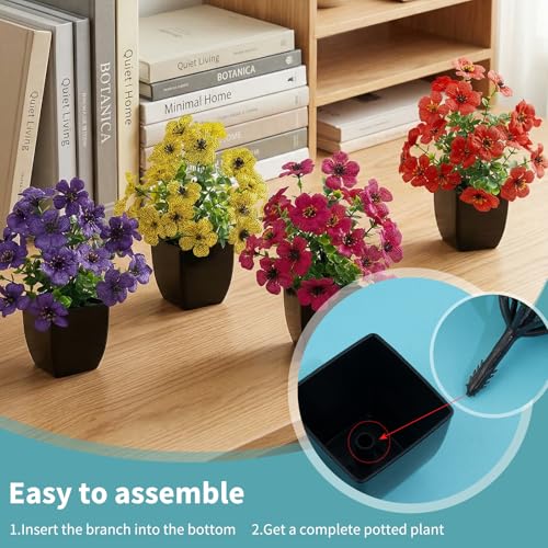 LOYWREE 4 Pack Small Faux Plants Spring Artificial Silk Flowers Fake Plants Indoor Bathroom Accessories for Home Room Office Desk Decor(Black Square Pot) - color: Daisy-black Pot, size: Black Pot