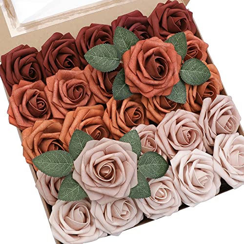 Floroom Artificial Flowers 25pcs Real Looking Terracotta Ombre Colors Foam Fake Roses with Stems for DIY Wedding Bouquets Bridal Shower Floral Centerpieces Party Tables Home Decorations - color: Shades of Terracotta