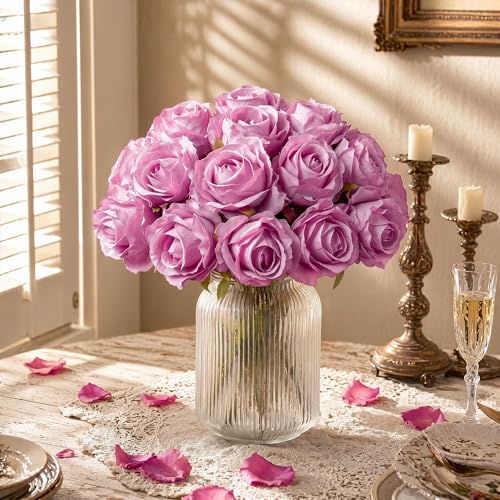 Ivydale 18pcs Pink Roses Artificial Flowers, Fake Roses Silk Flowers with Stems Realistic Bouquet for Mother's Day Wedding Party Home Decoration DIY Centerpiece Floral Romantic Gifts - color: Rose-pink