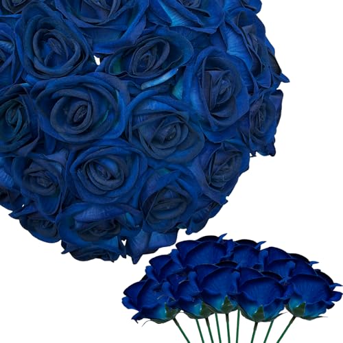 HinyoCo 28 Pcs Silk Roses Artificial Flower， Fake Roses with Stems for Wedding Bouquets Tables Centerpieces Arrangements Party Baby Shower Birthday Home Decor (Royal Blue) - color: Royal Blue