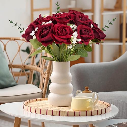 12PCS Artificial Silk Fake Roses Bouquet Long Stem, Wine Red | Realistic Fake Roses, Home Wedding Decoration, Party Table Decoration, Valentines Mother's Day - color: 12 Wine Red
