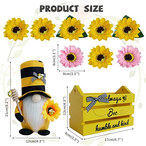 Bee Decor, Wood Bee Crate Decorations, Humble Bee Gnome Plush with Honey Dipper,Rustic Farmhouse Bee Tiered Tray Decor, Mini Wood Crate with Artificial Sunflowers Decor, Summer Decorations for Home
