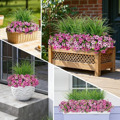 Artificial Flowers,14 Bundles UV Resistant Fake Flowers Daisy with Greenery Plants Wheat grass,Faux Outdoor Flowers for Spring Summer Decoration, Outdoor Faux Plants Home Window Porch Patio Yard - color: Light Purple