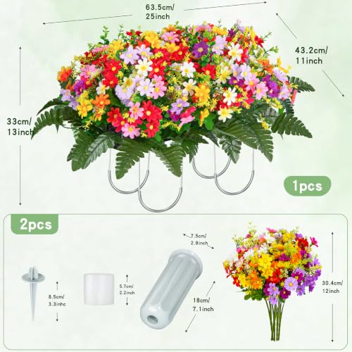 XONOR Artificial Cemetery Flowers Saddle, Artificial Memorial Silk Daisy with Vase for Grave Headstone Decoration, Assorted Colors Daisy for Spring Summer Decoration(Saddle&Bouquets) - color: Saddle&bouquets